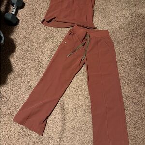 FIGS Wide-Leg Drawstring Pants in Rust with Olive Ties